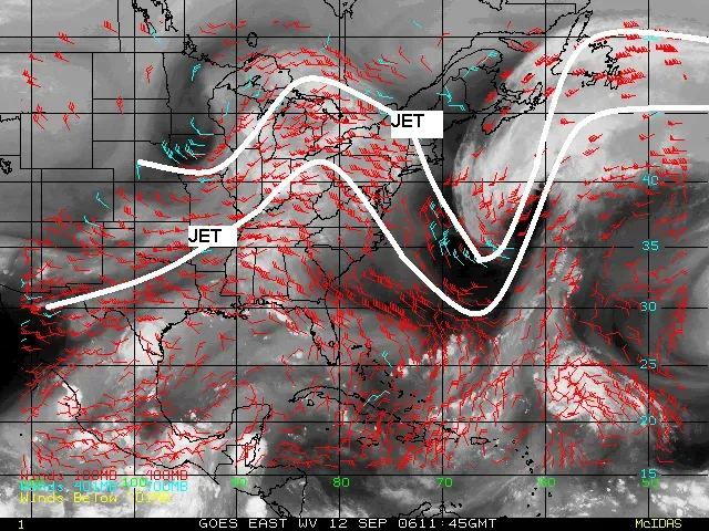 1. The Polar Jet Stream: From Steady River to Erratic Meander (This file was derived from:  Vents altitude vapeur eau.gif:  (http://www.goes.noaa.gov/WINDS/windsNHIRW.html), Public domain)