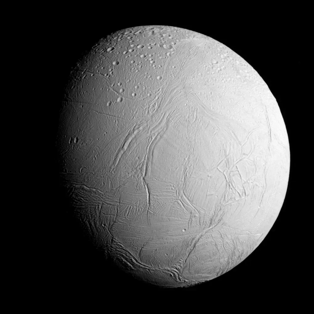 Enceladus: Small Moon, Big Plumes (Image Credits: PIA17202 from the NASA/JPL Photojournal, Public domain)