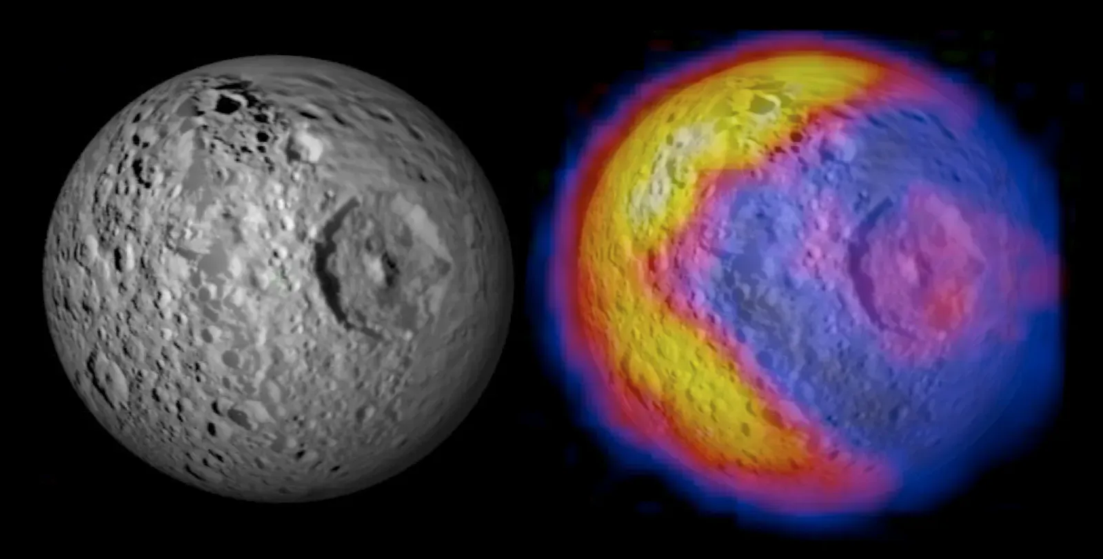 How Future Missions Could Probe Vent-Like Worlds (NASA Spacecraft Sees 'Pac-Man' on Saturn Moon, Public domain)