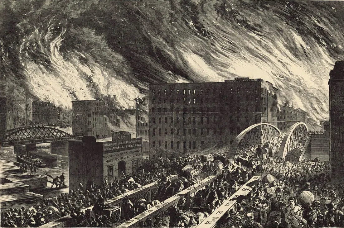 #1 - The Great Chicago Fire (1871) Banned Wood From Downtown Forever (From [1]. Originally from  Harper's Weekly., Public domain)