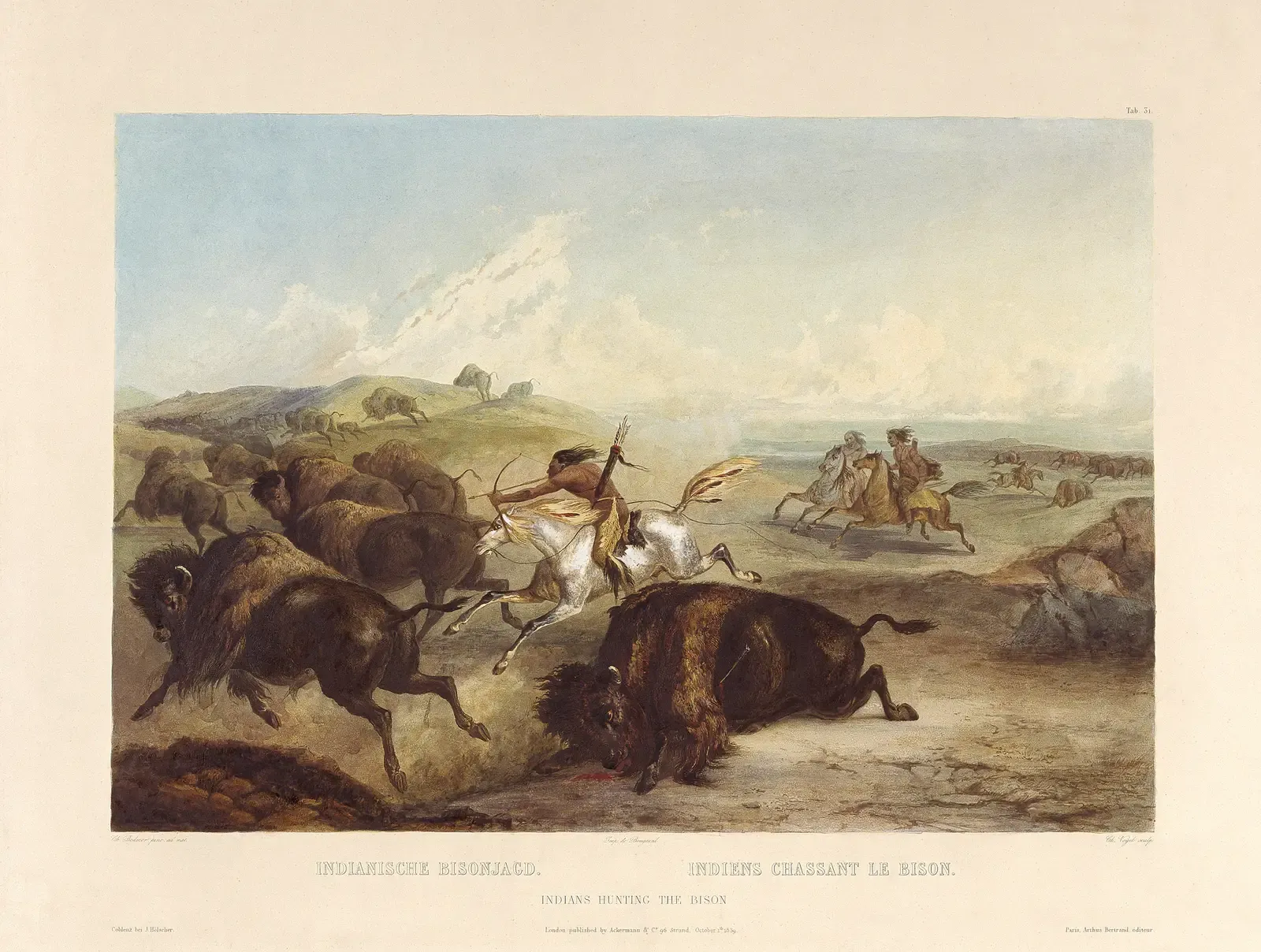 6. The Plano Cultures: Engineers of the Megafauna Hunt (NONAM, Nordamerika Native Museum - Indianer und Inuit Kulturen, Zürich, Switzerland. First state of the Tableau 31 from the German edition: Maximilian zu Wied-Neuwied: Reise in das innere Nord-America in den Jahren 1832 bis 1834, 2 Textbände und 1 Bildatlas mit Illustrationen von Karl Bodmer, J. Hölscher, Koblenz 1839–1841. Engraver: Charles Vogel. Aquatint, etching, stipple., Public domain)