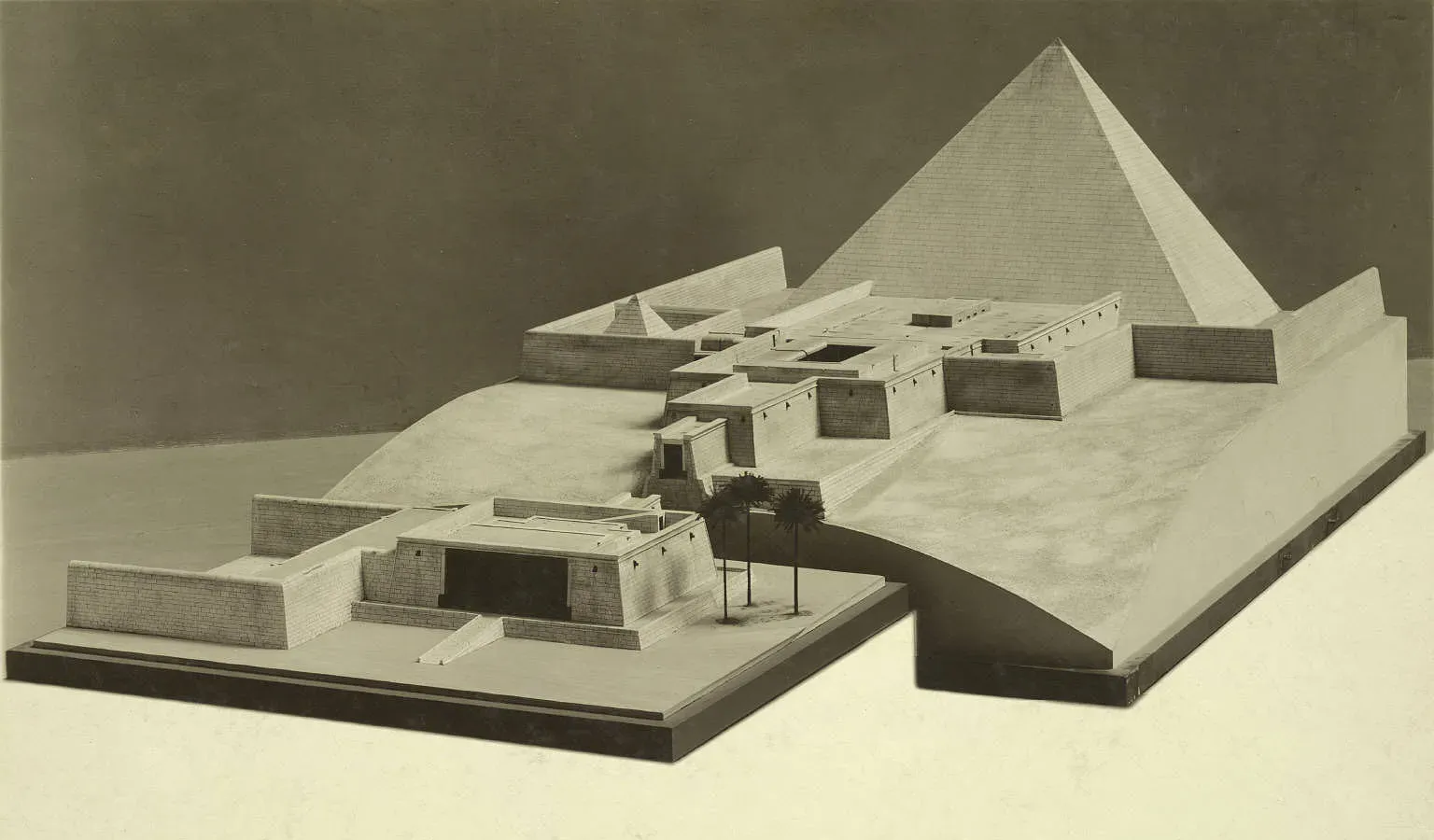 1. Straight External Ramp: The Classic but Logistically Painful Theory (originally posted to Flickr as Metropolitan Museum Collection. Model of King Sahure's Pyramid at Abusir, CC BY 2.0)