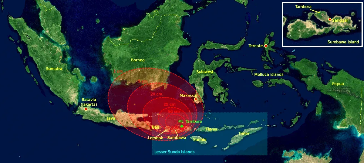 #1 - The Volcano That Silenced a Continent (The base map was taken from NASA picture Image:Indonesia_BMNG.png and the isopach maps were traced from Oppenheimer (2003).[1], CC BY-SA 3.0)