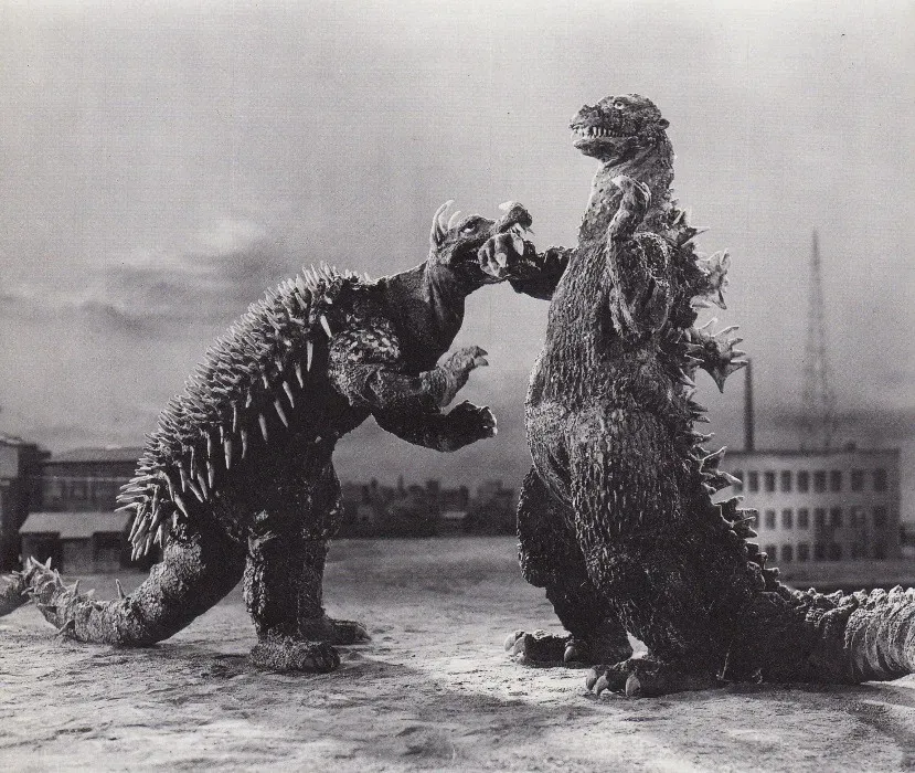 2. Godzilla’s “Tyrannosaurus” Ancestors: Dinosaurs Reimagined as Nuclear Lizards (Classic Media Godzilla Raids Again DVD, Public domain)
