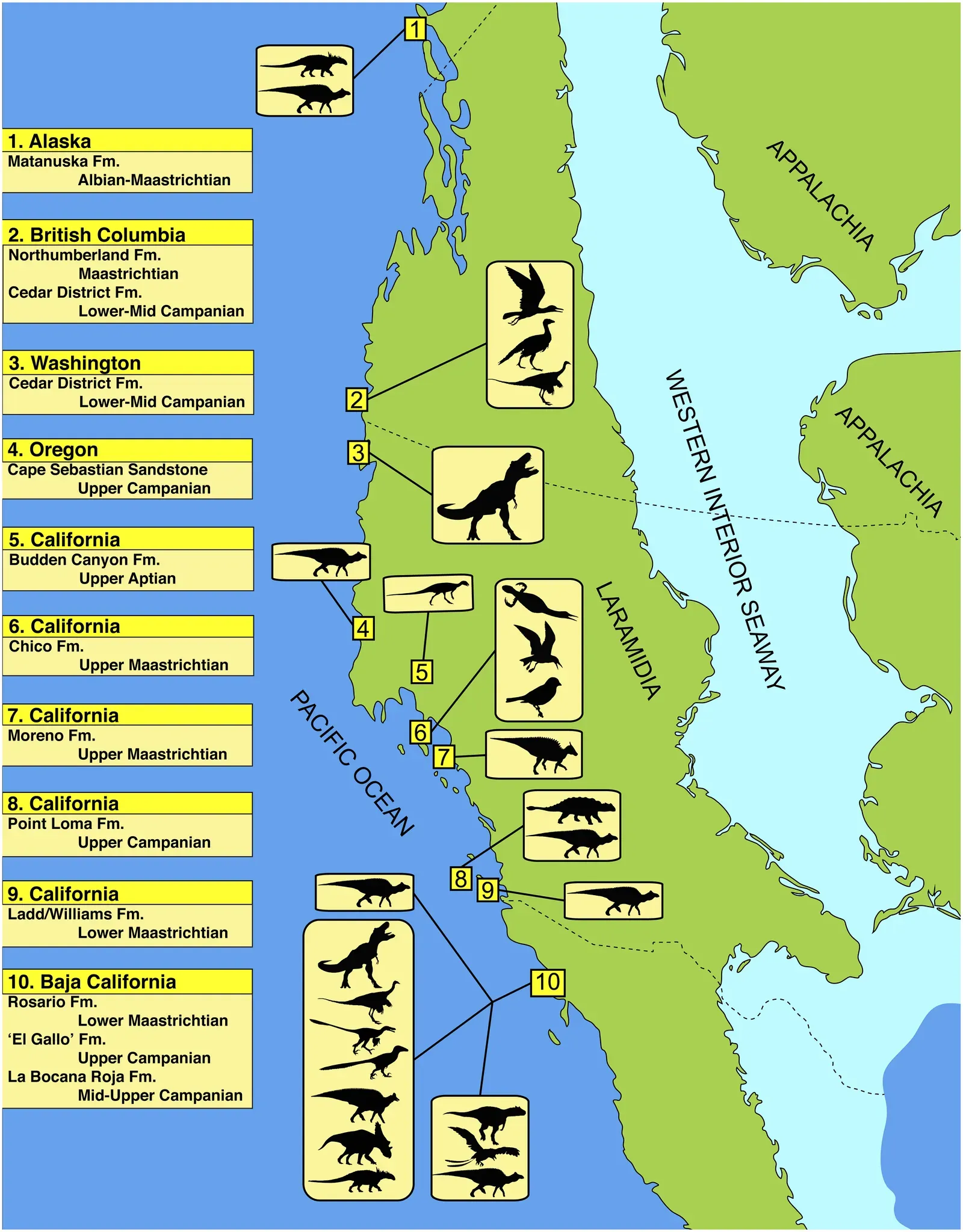 3. The Age of Giants: When Dinosaurs Roamed a Divided Continent (Fig. 1 in: “The First Dinosaur from Washington State and a Review of Pacific Coast Dinosaurs from North America.” PLoS One 10 (5):e0127792, doi:10.1371/journal.pone.0127792, CC BY 4.0)