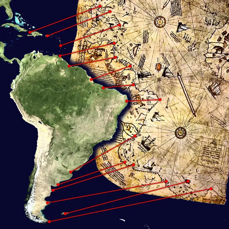 #12 - Piri Reis Map's Impossible Accuracy (Own work, based on de:Datei:Karte des piri reis.jpg and File:Whole world - land and oceans.jpg. Both sources are public domain., Public domain)