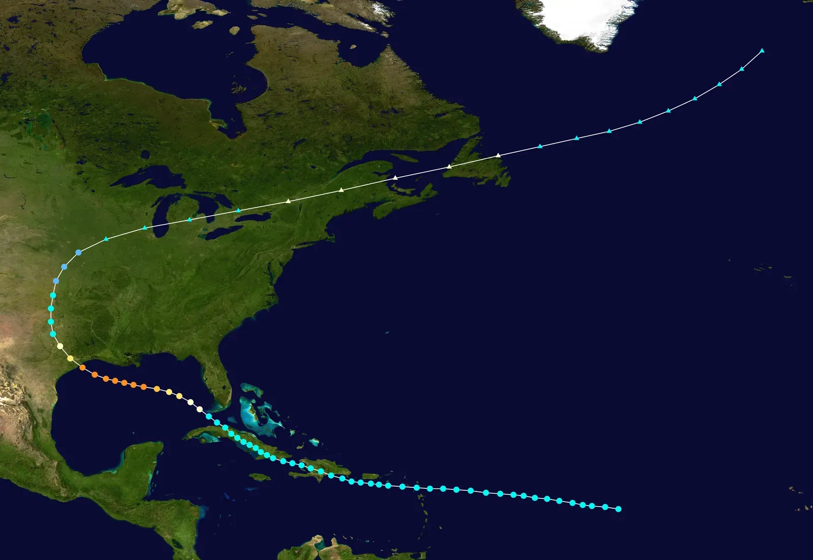 #11 - America's Deadliest Hurricane Refuses to Be Dethroned (Created by Supportstorm using Wikipedia:WikiProject Tropical cyclones/Tracks. The background image is from NASA. Tracking data is from the National Hurricane Center[1]., Public domain)