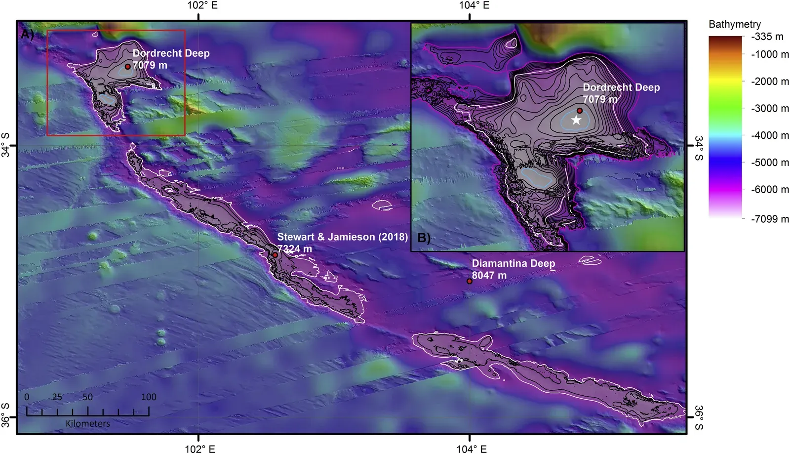 13. Diamantina Fracture Zone and Other Ultra-Deep Features: Beyond Classic Trenches (Heather A. Stewart, Alan J. Jamieson: The five deeps: The location and depth of the deepest place in each of the world's oceans. In: Earth-Science Reviews 197, Oktober 2019, 102896, doi:10.1016/j.earscirev.2019.102896., CC BY 4.0)