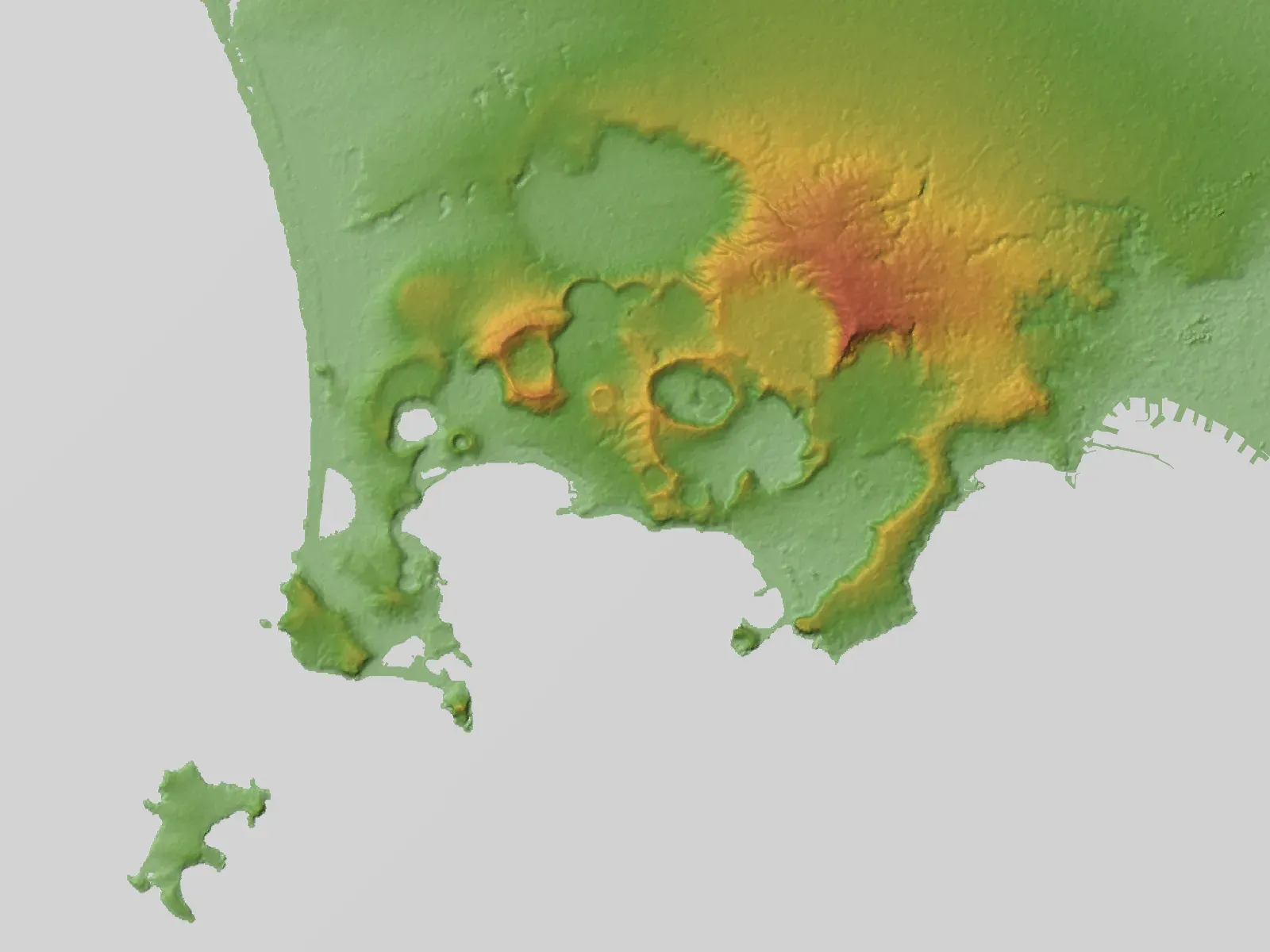1. Naples and the Campi Flegrei Caldera, Italy (Topographic data: NASA's SRTM-1 30m Mesh (ver.3 2014)Rendering software: KASHMIR 3D, Public domain)