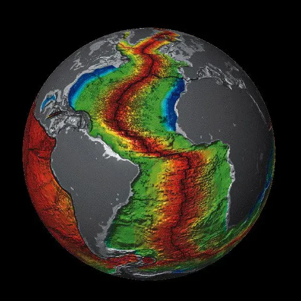 #13 - The Mid-Atlantic Ridge's Rows of Perfect Holes (By Earth_seafloor_crust_age_poster.gif: National Oceanic and Atmospheric Administration
derivative work: Rapture2018, Public domain)