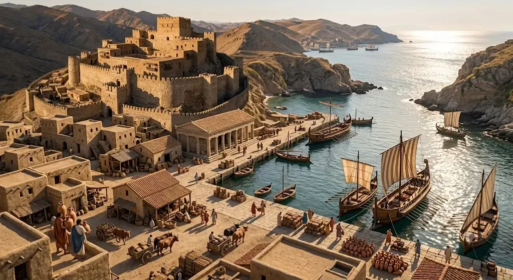 9. Bronze Age Harbor Towns Mentioned in Trade Inscriptions (Image Credits: Bronze age harbor depiction: Google Gemini)