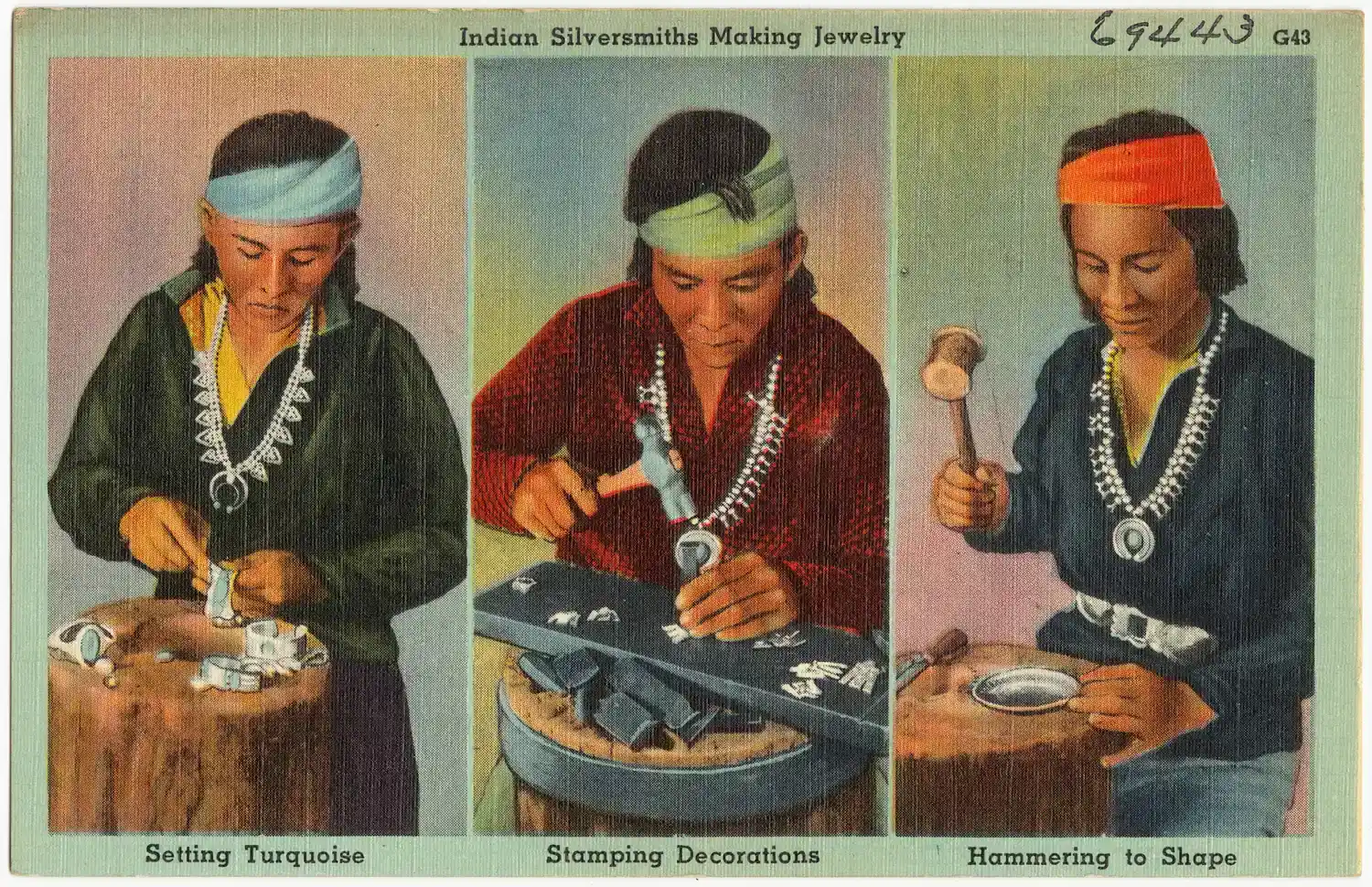 #10 - Turquoise Corridors From The American Southwest To Mesoamerica (Flickr: Indian silversmiths making jewelry, setting Turquoise, stamping decorations, hammering to shape, Public domain)