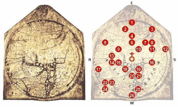 #13 The Hereford Mappa Mundi: Myths, Monsters, and Odd Geography (File:Hereford Mappa Mundi 1300.jpg, notes in: 1.; 2.; 3.; [1]., CC BY-SA 3.0)