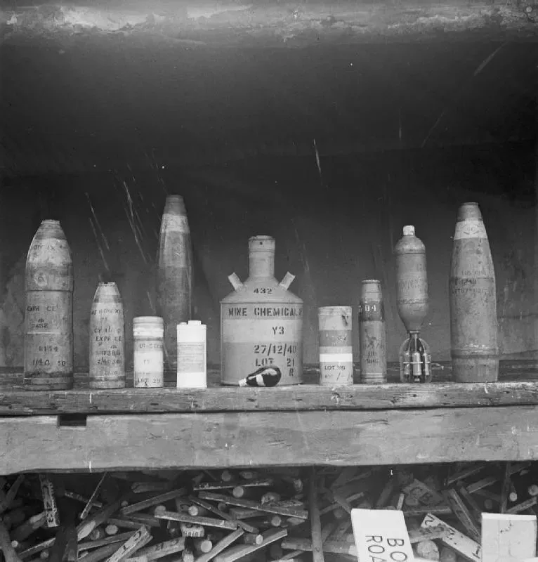 #16 - Chemical Weapons Disguised as "Industrial Surplus" (By War Office official photographer, Malindine E G (Lt), Public domain)