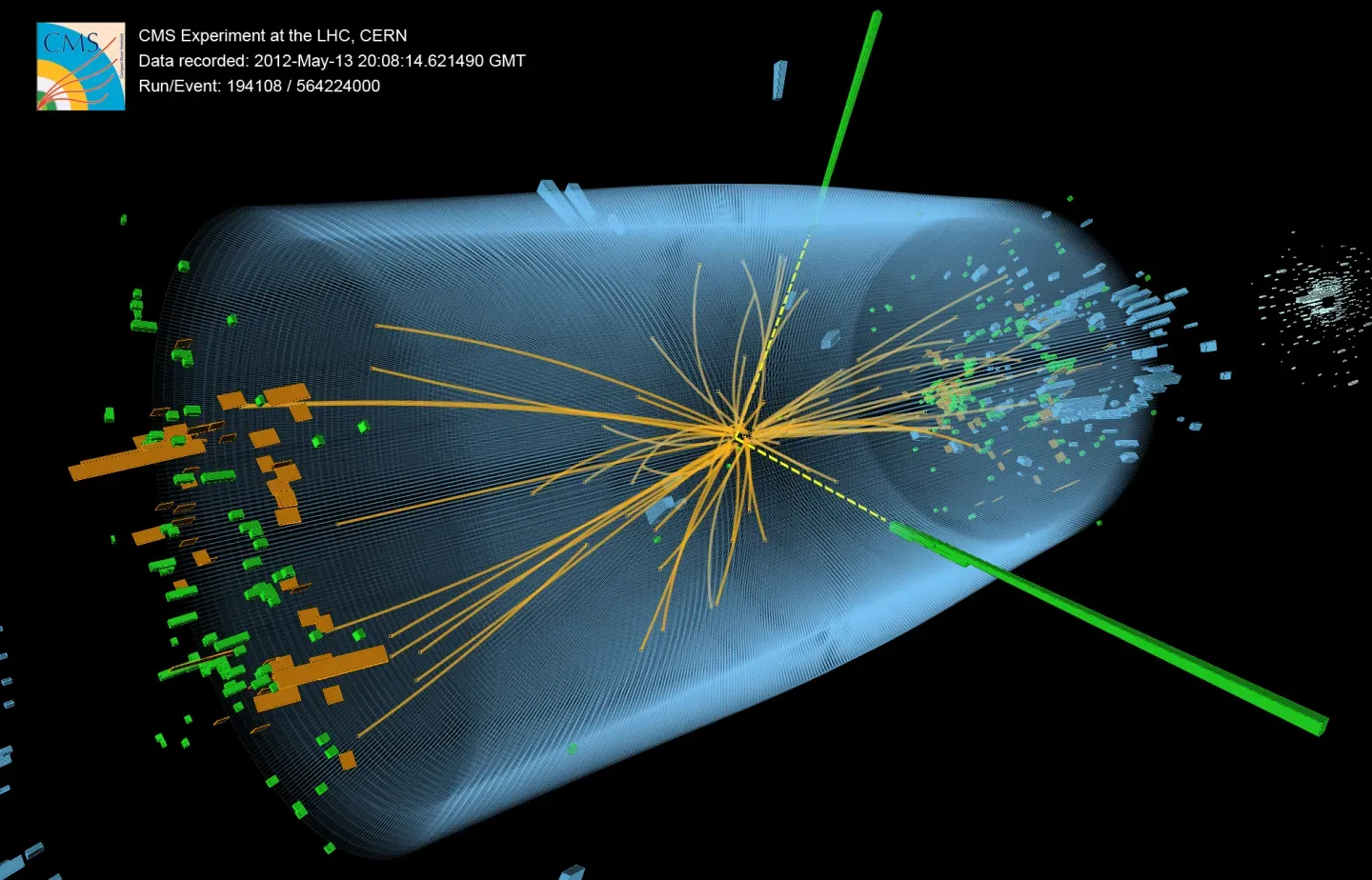 #4 The Muon g‑2 Anomaly: A Tiny Magnetic Mismatch (CMS Higgs Search in 2011 and 2012 data: candidate photon-photon event (8 TeV): 3D, r-phi and r-z transverse views, CC BY-SA 3.0)