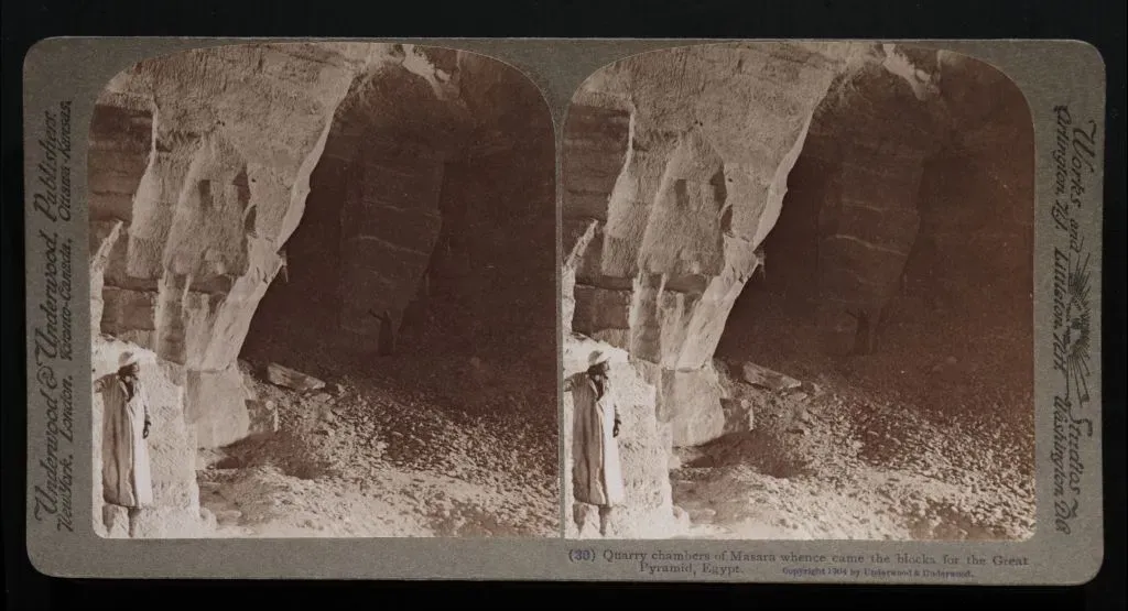 #10 - The Rock-Cut Shafts Beneath the Great Pyramid, Where Robots Found More Questions Than Answers (This image comes from the Travelers in the Middle East Archive (TIMEA) where it is available at the following Uniform Resource Identifier: 5596.
Original source: Original stereograph:  "Quarry chambers of Masara whence came the blocks for the Great Pyramid, Egypt. (30)."  (Underwood and Underwood).  7.75 x 4.2 inches.  From the collection of Dr. Paula Sanders, Rice University.This tag does not indicate the copyright status of the attached work. A normal copyright tag is still required. See Commons:Licensing., CC BY-SA 2.5)
