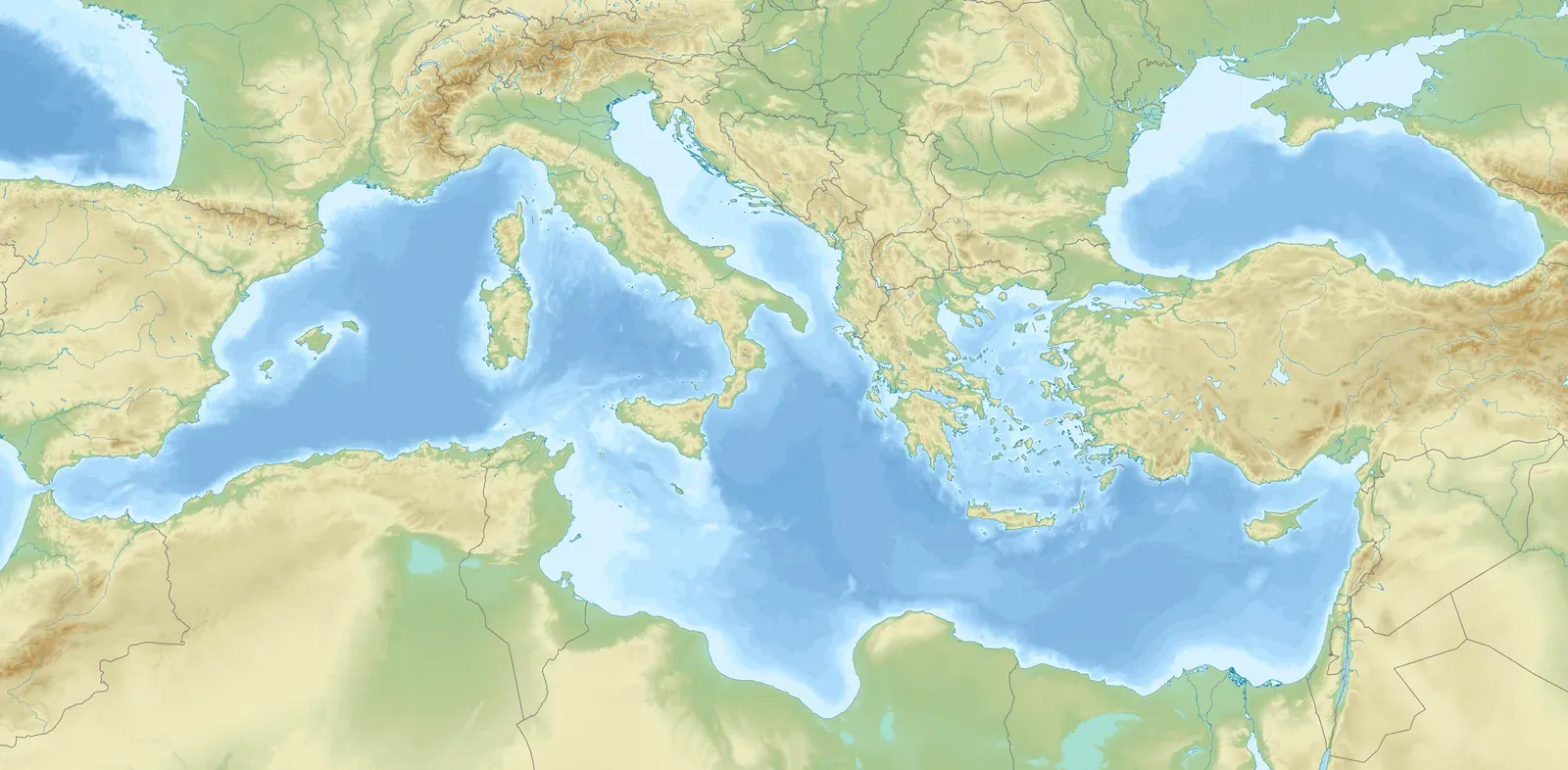 A sea cut off from the world (ETOPO1 dataset for relief and bathymetry
GSHHS dataset for coastline and country borders
Own work, CC BY-SA 4.0)