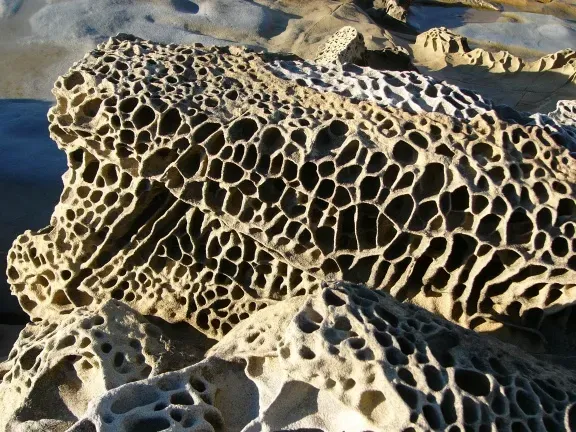 7. Tafoni and Honeycomb Weathering: Organic Geometry Carved by Air and Salt (By Jef Poskanzer, CC BY 2.0)