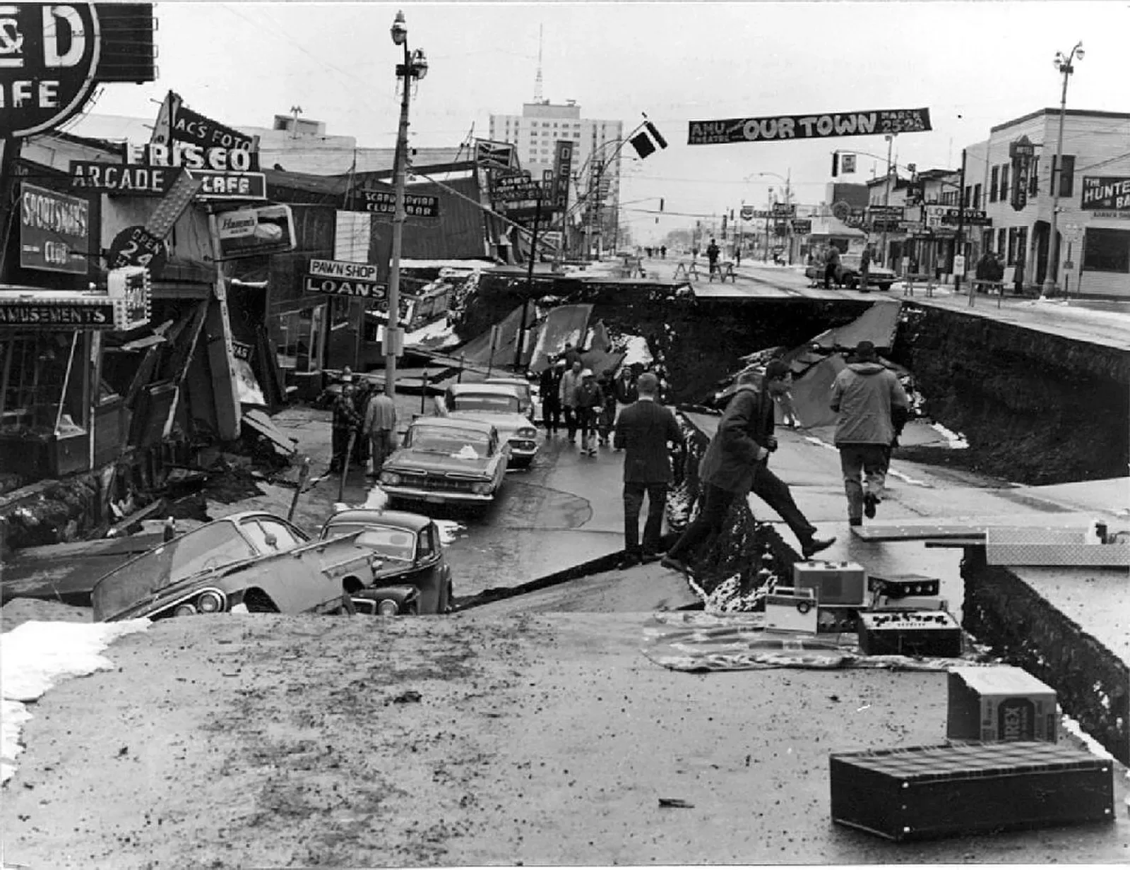 1. The 1964 Great Alaska Earthquake: When the Ground Dropped by Nearly Two Stories (U.S. Geological Survey (USGS) - https://www.usgs.gov/media/images/collapse-fourth-avenue-near-c-street-anchorage-due-earthquake-0, Public domain)