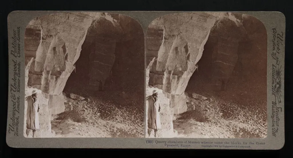 6. The Mysterious Relieving Chambers and the Problem of Over-Engineering (This image comes from the Travelers in the Middle East Archive (TIMEA) where it is available at the following Uniform Resource Identifier: 5596.
Original source: Original stereograph: "Quarry chambers of Masara whence came the blocks for the Great Pyramid, Egypt. (30)." (Underwood and Underwood). 7.75 x 4.2 inches. From the collection of Dr. Paula Sanders, Rice University.This tag does not indicate the copyright status of the attached work. A normal copyright tag is still required. See Commons:Licensing., CC BY-SA 2.5)