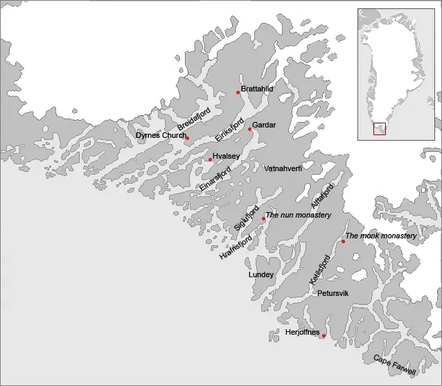 The Norse Greenlanders: Farming At The Edge Of An Icy World (Saga trails, Jette Arneborg, Danmarks Nationalmuseum, ISBN: 87-988378-3-4
Grønlands forhistorie,red. Hans Christian Gulløv, Gyldendal 2005, ISBN:87-02-01724-5Á hjara veraldar, Guðmundur J. Guðmundsson, Sögufélagið, 2005, ISBN: 9979-9636-8-9, CC BY-SA 3.0)