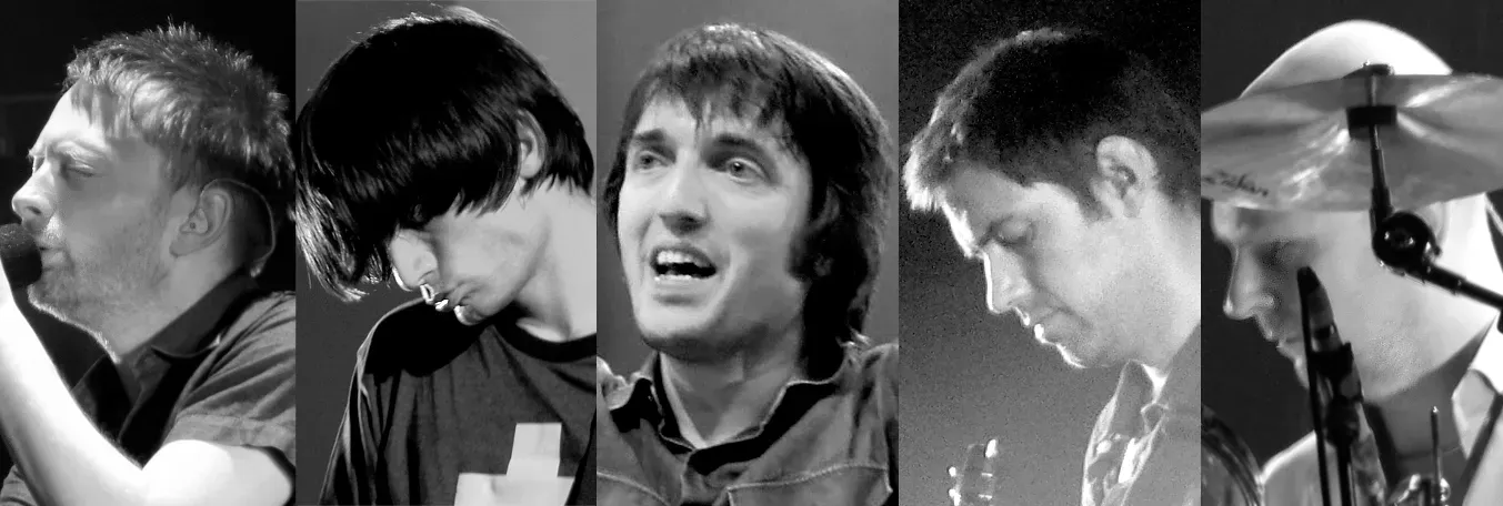 5. "Creep" - Radiohead (1992) (Photomontage, created by Samuel Wiki from:
Image:Thom Yorke (Amsterdam).jpg by Michell Zappa
Image:CGreenwood2006-06Radiohead.jpg by Jesse Aaron Safir
Image:Jonny Greenwood (Amsterdam).jpg by Michell Zappa
Image:Radiohead in amsterdam.jpg by Michell Zappa
Image:Phil Selway.jpg by Michell Zappa, CC BY-SA 2.5)