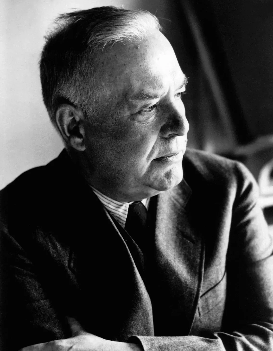 Wallace Stevens (Scan of the portrait sourced from the article "Wallace Stevens Documentary At Twain House" (June 17, 2016) at the Hartford Courant (direct link to jpg). Cropped from the original to match what is seen on the cover of Collected Poems. Lightly retouched by uploader to adjust exposure and to remove smudges, scratches, etc. The upload history includes the portrait as it appears on Collected Poems (to demonstrate that the crop matches the book cover), the unretouched but cropped version of the high-res photo, and the retouched version., Public domain)