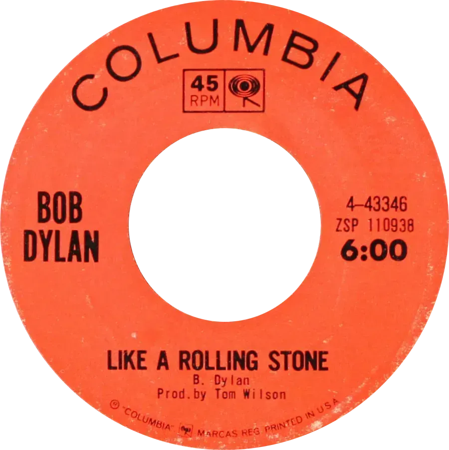 1. Bob Dylan - "Like a Rolling Stone" (1965) (Image Credits: Modified from original: https://www.ebay.com/itm/313652030477, Public domain)