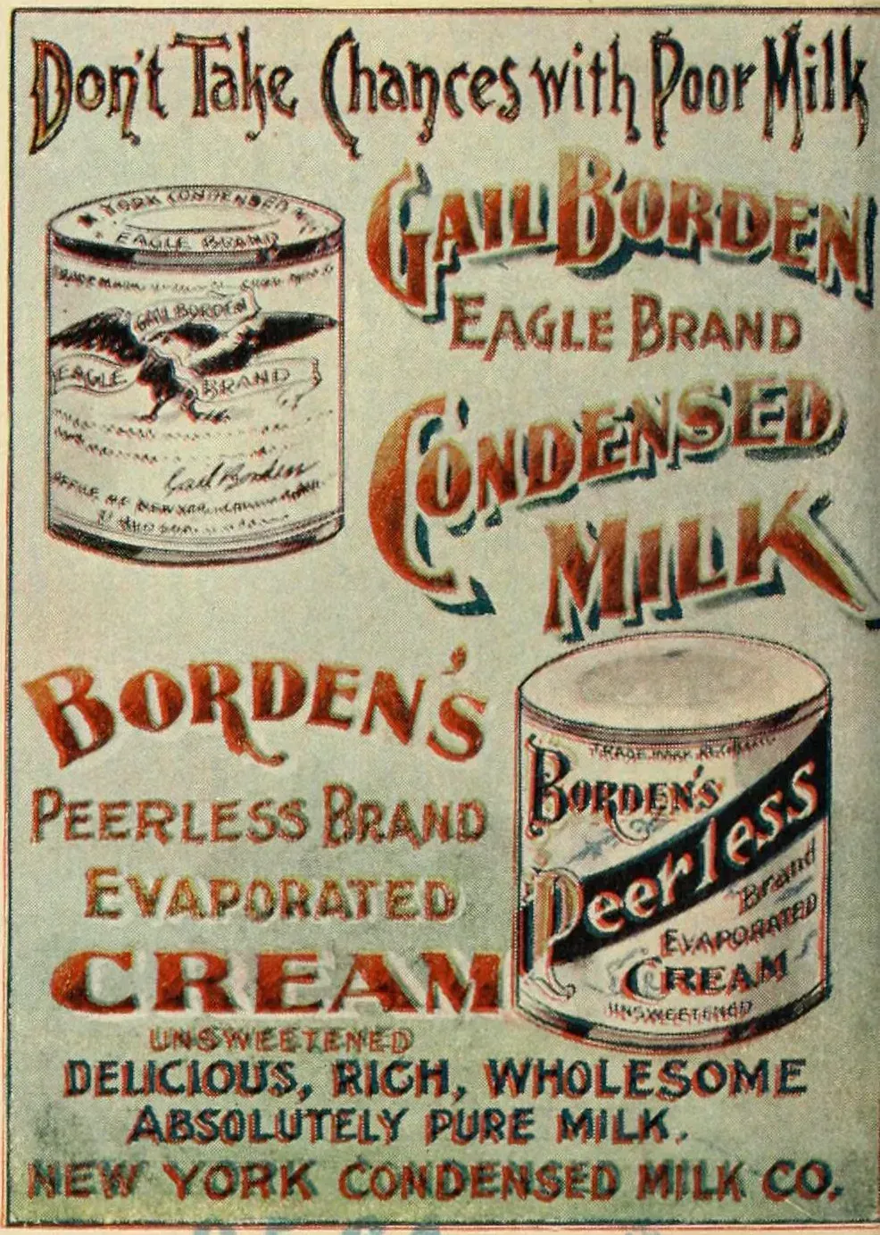 12. Borden's Elsie Milk Products (Creamette Pasta Line) (Image Credits: Advertisement from rear cover of To the Klondike Gold Fields by the Alaska Commercial Company, 1898, San Fransisco, California. Digital scan at https://archive.org/details/toklondikegoldfi00alas, Public domain)